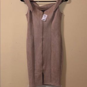 AKIRA Taupe Off the Shoulder Zip Up Midi Dress